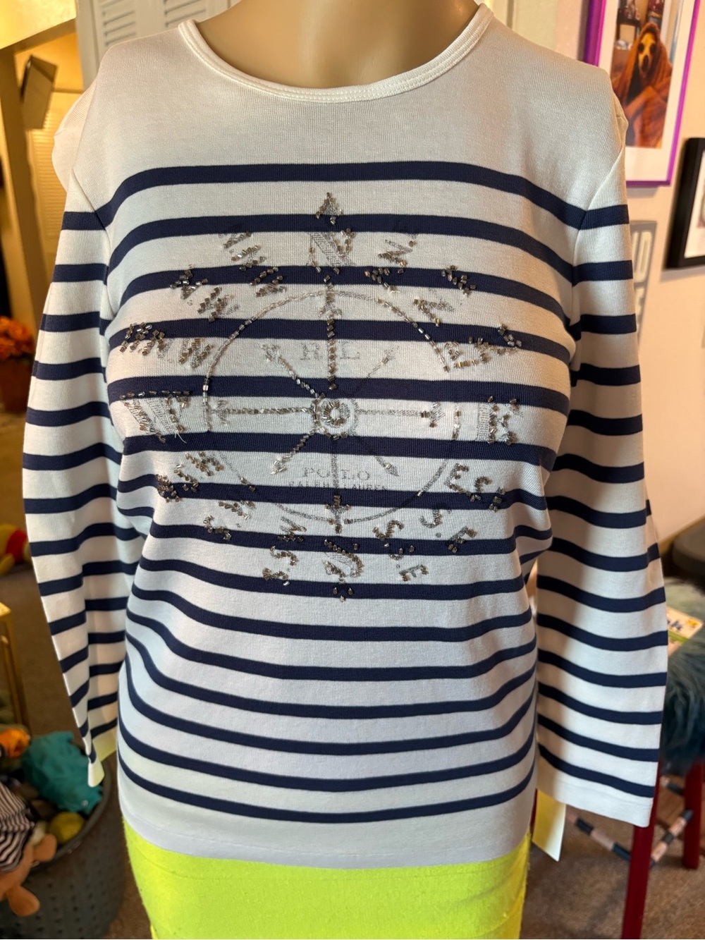 Polo Ralph Lauren LS Striped T Shirt Nautical Design & Beads XS